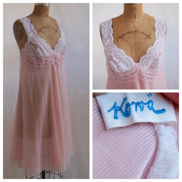 Koma Other - vtg 60s KOMA Pink Nylon Chiffon Babydoll Short Empire Chemise Nightgown Lace M